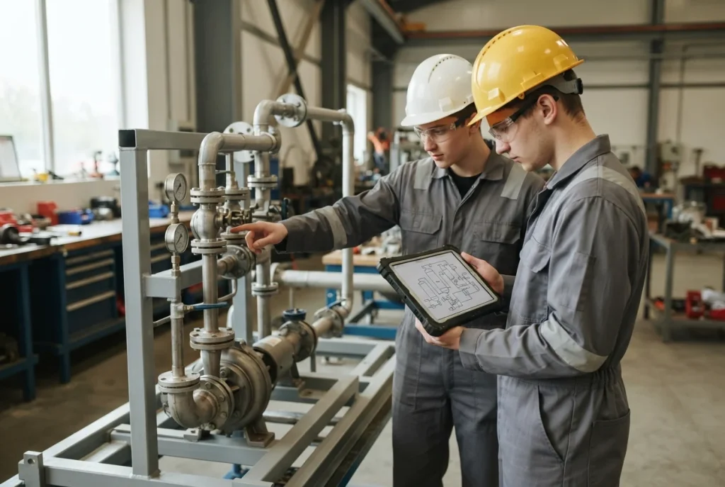 Two trainees in hard hats and safety glasses studying a pump and piping skid with a tablet drawing in a training workshop