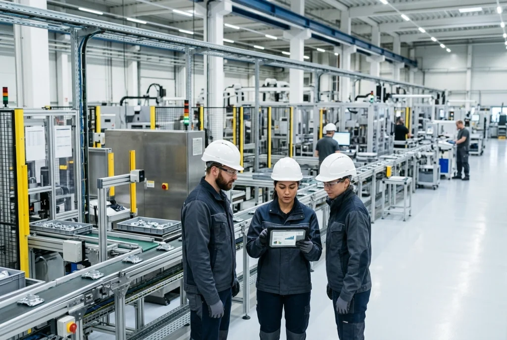 Benefits of industrial engineering seen in an efficient production line with a team reviewing performance data
