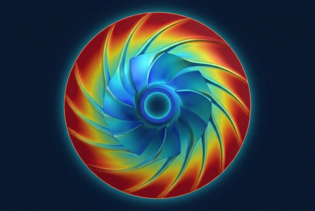 Colour contour map of gas density across the blades of a centrifugal compressor impeller in a CFD-style illustration