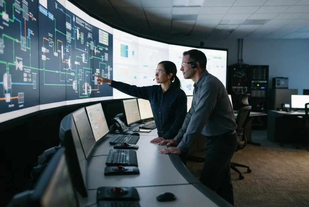 Two operators in a control room reviewing process diagrams on a large video wall during simulation-based training