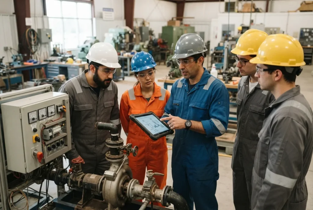 Employee upskilling programs for energy companies: technicians learning about a pump and control panel from an instructor in a training workshop
