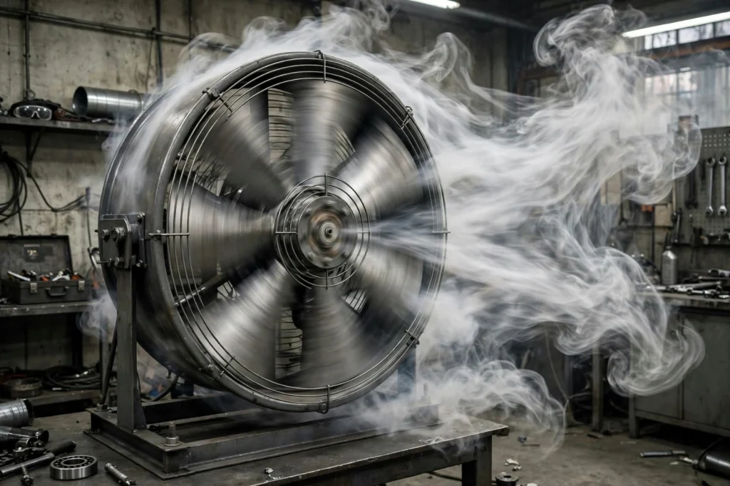 Industrial axial fan spinning in a workshop with smoke showing the airflow, illustrating how fan affinity laws link speed to flow