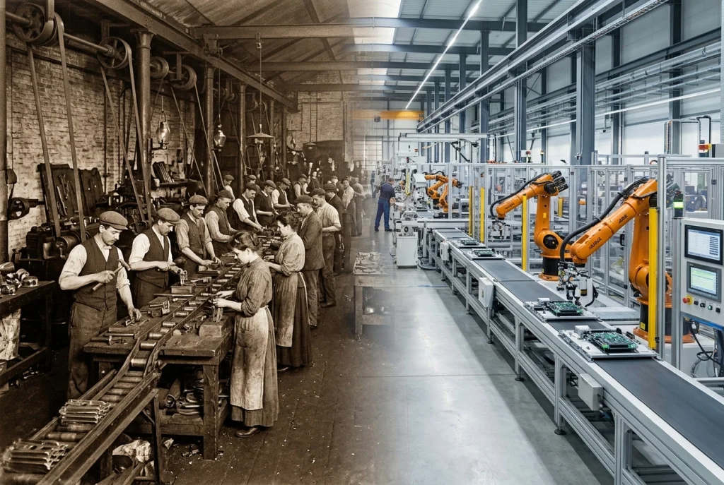 History of industrial engineering shown by an early assembly line blending into a modern automated factory
