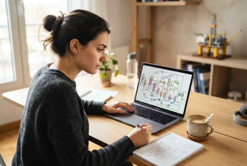 Online oil and gas training for beginners: a student studying a process flow diagram on a laptop at home