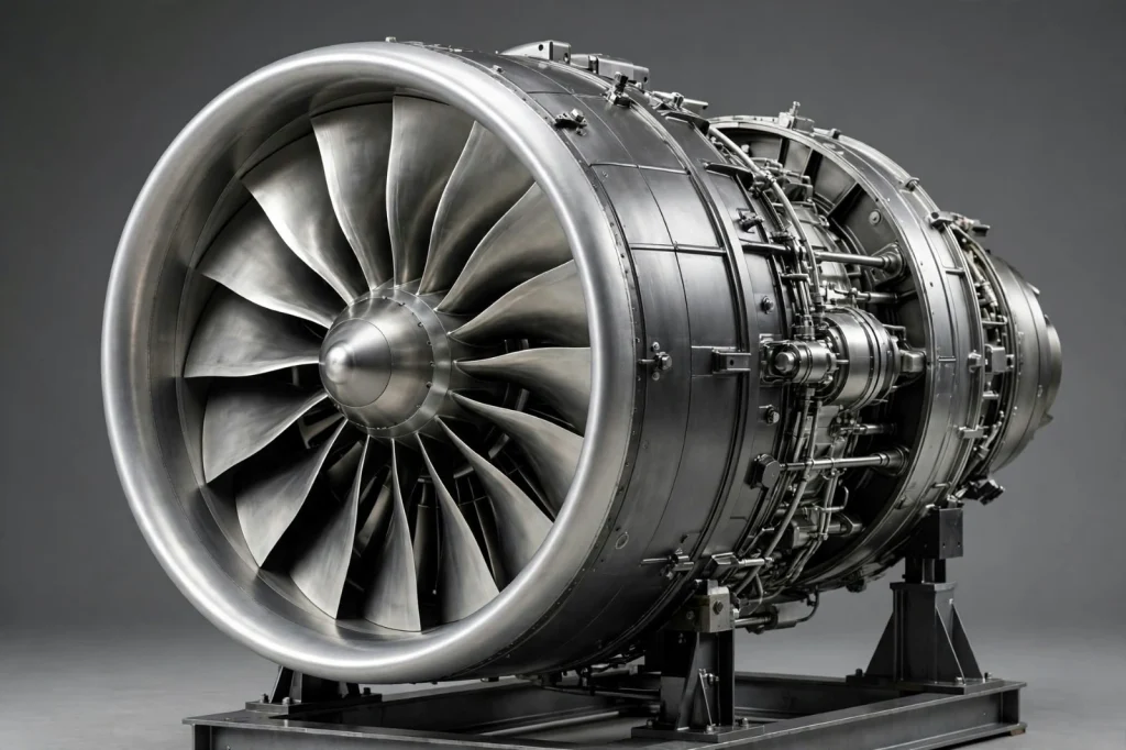 Turbofan engine mounted on a steel stand, showing the polished fan and engine casing of modern turbine engine technology